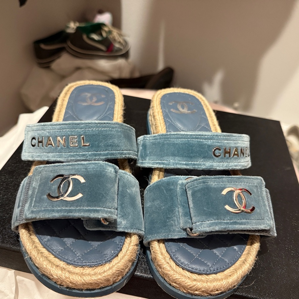 CHANEL Blue Velvet Mules
